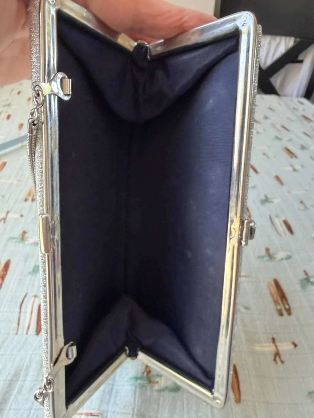 Vintage Silver Metallic Evening Clutch with Top Handle with silver clasp